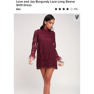 Lulu's Burgundy Lace Long Sleeve Shift Dress, Love